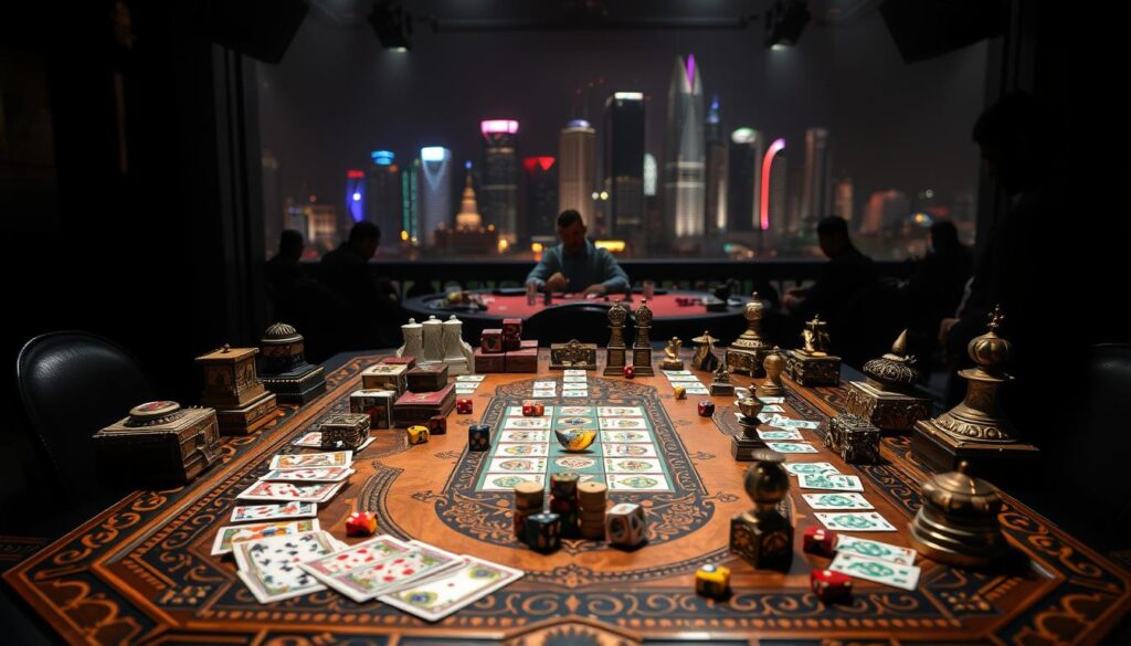 A detailed tableau showcasing the diverse variants of Satta King, the renowned Indian game of chance. In the foreground, an ornate wooden gambling table is center stage, adorned with vibrant playing cards, dice, and traditional Indian currency. Surrounding it, an assortment of Satta King game pieces in various shapes, sizes, and intricate designs, each representing a distinct variant. The middle ground features a dimly lit, atmospheric casino-like setting, with shadowy figures engrossed in the game. In the background, a city skyline with towering skyscrapers and neon lights, hinting at the urban culture and allure of this captivating pastime. Dramatic chiaroscuro lighting casts dramatic shadows, evoking the high-stakes thrill of the Satta King experience.