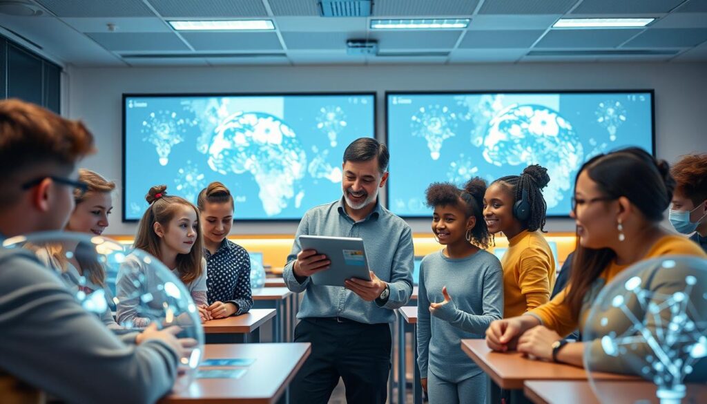 A modern classroom setting with students and teachers engaged in an AI-powered learning experience. The foreground depicts a group of diverse students, their faces illuminated by the glow of interactive holographic displays, eagerly collaborating on a digital lesson. In the middle ground, a teacher stands among them, guiding the discussion with a tablet in hand, their expression one of deep focus and enthusiasm. The background showcases a well-equipped, technology-enhanced classroom, with sleek desks, immersive projection screens, and a sense of forward-thinking educational innovation. The lighting is warm and inviting, creating an atmosphere of intellectual exploration and discovery.