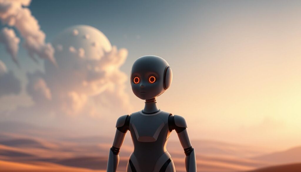 A sleek and futuristic AI assistant, the NovelAI storytelling AI stands before a vast, imaginative landscape. The foreground features the assistant, a disembodied holographic figure with a warm, intelligent gaze, its form shimmering with a subtle ethereal quality. The middle ground showcases a dynamic, ever-changing backdrop of abstract shapes and vibrant colors, hinting at the boundless creative potential of the AI. In the distant background, a serene and contemplative atmosphere prevails, with subtle lighting casting a soft, diffused glow, evoking a sense of wonder and inspiration. The overall composition conveys the AI's role as a powerful, yet intuitive tool for unleashing the boundless creativity of its users.