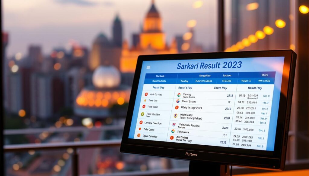 A vibrant digital display showcasing the latest Sarkari Result updates for 2023. The screen is positioned in the foreground, bathed in warm, soft lighting that creates a professional and informative atmosphere. In the middle ground, a stylized UI design presents the key information, including job titles, exam dates, and result statuses, all laid out in a clean and organized manner. The background features a blurred cityscape, hinting at the diverse opportunities these results represent for the viewer. The overall composition conveys a sense of currency, relevance, and accessibility, inviting the audience to explore the latest government job openings and exam outcomes.